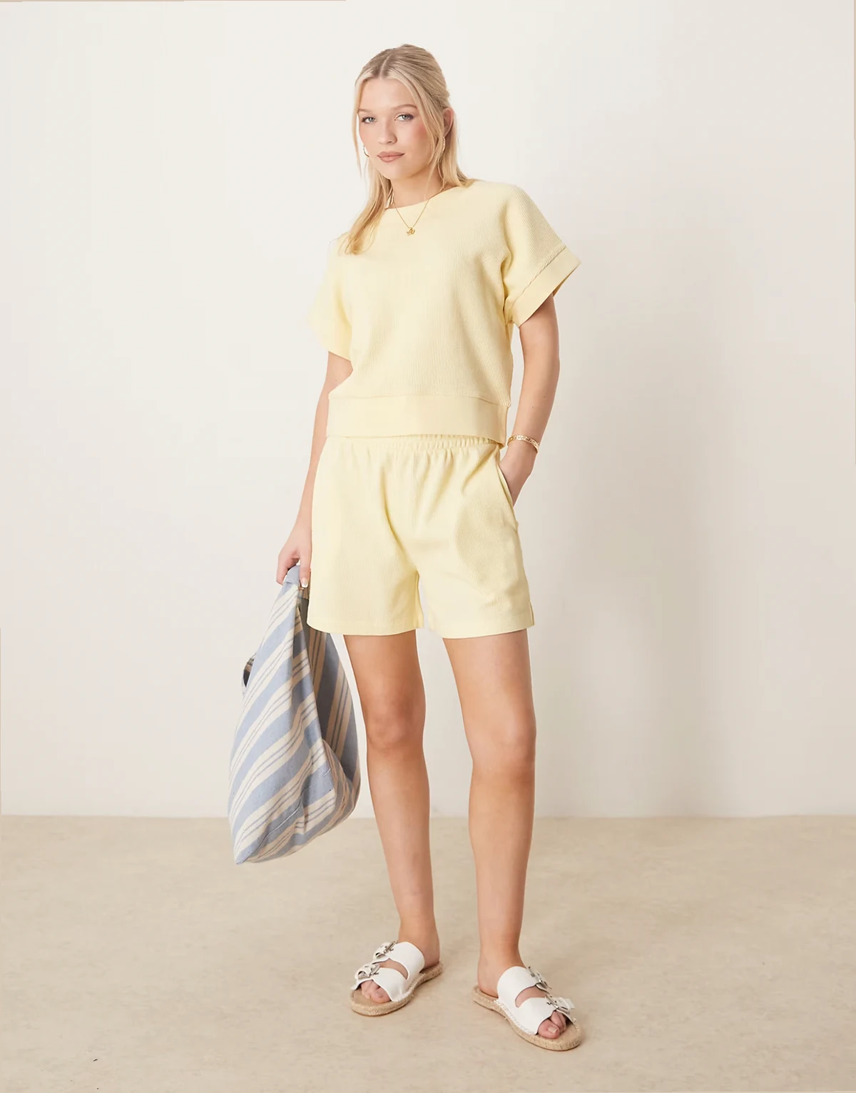 longline waffle shorts in lemon