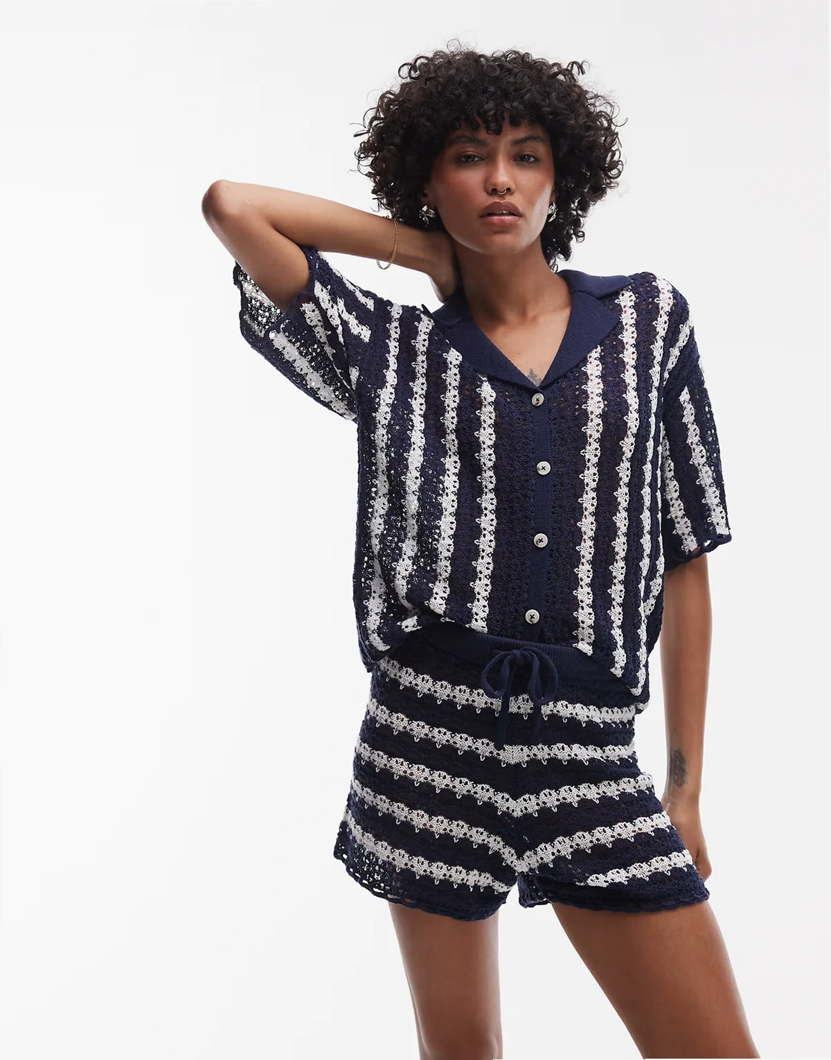 knit stitchy stripe shorts in blue and ivory - part of a set
