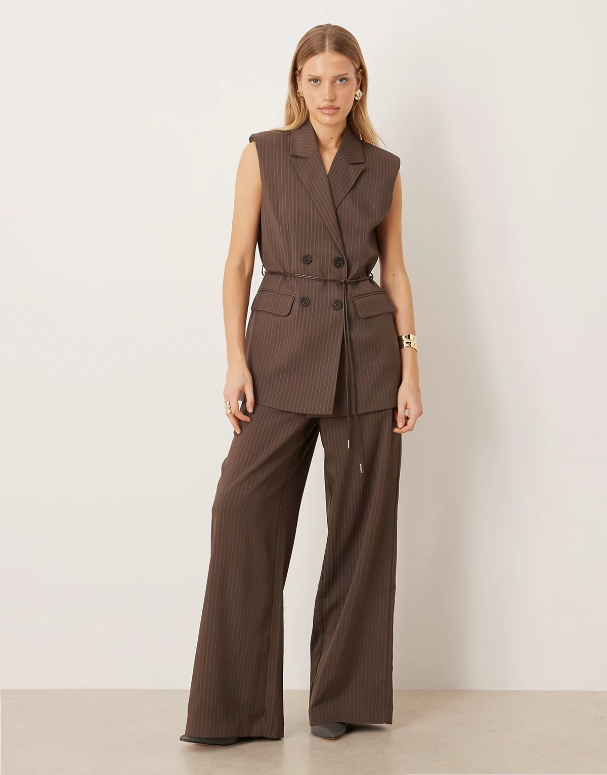 mid waist wide leg tailored pants in chocolate brown pinstripe - part of a set