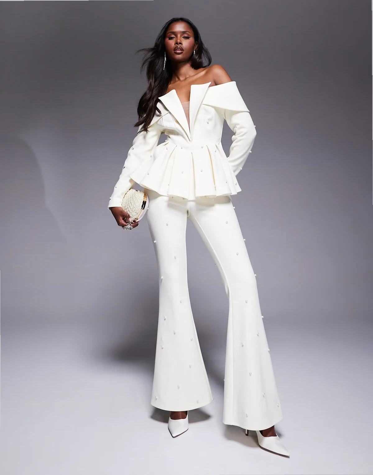 tailored pants with pearl embellishment in cream - part of a set