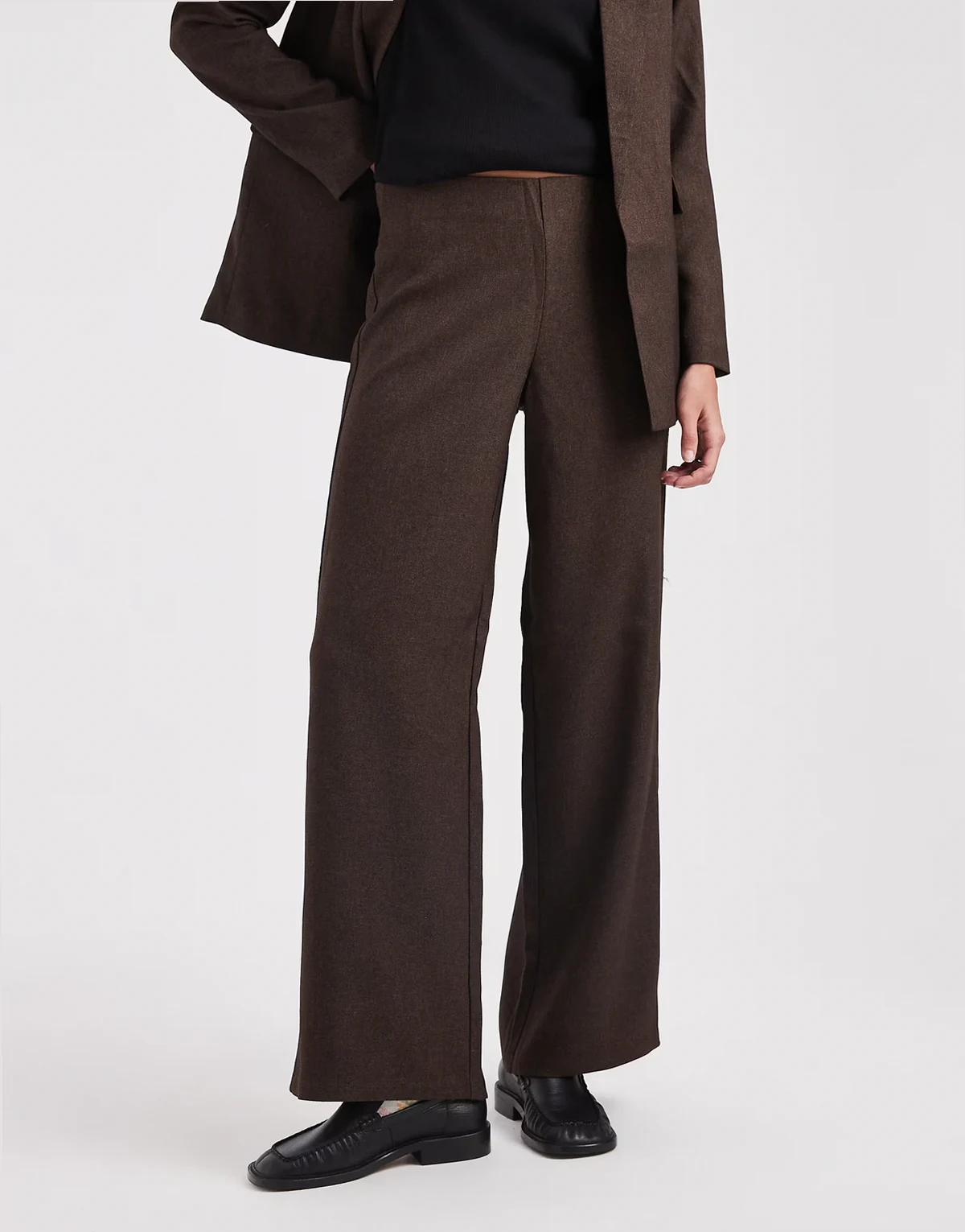 wide leg tweed look tailored pants in chocolate - part of a set
