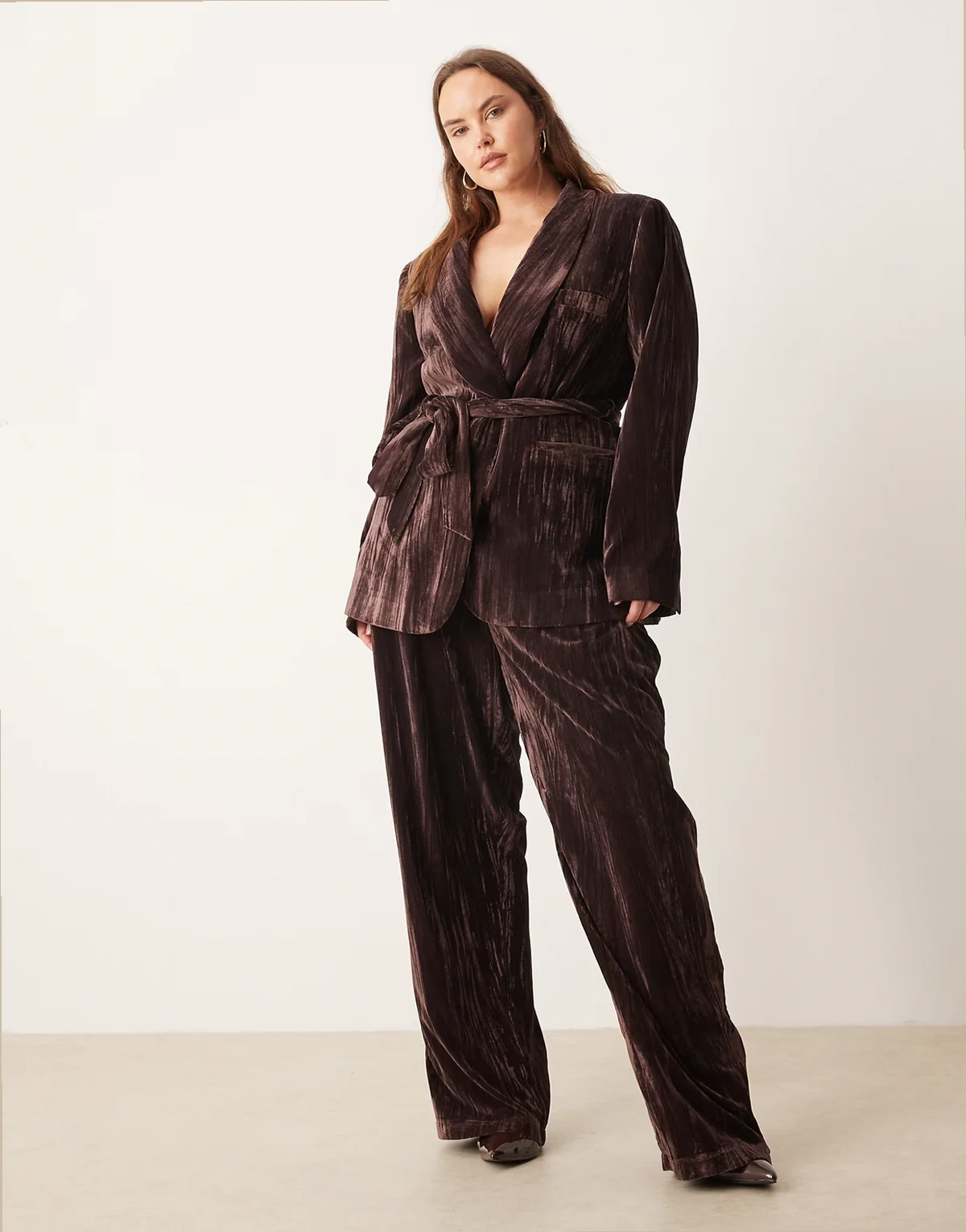 ASOS DESIGN Curve tailored velvet high waist straight leg pants in chocolate - part of a set
