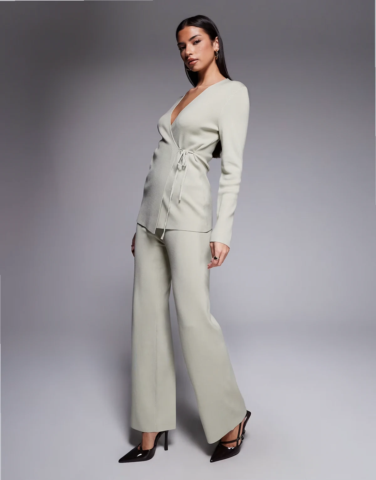 exclusive rib knit wide leg pants in sage - part of a set