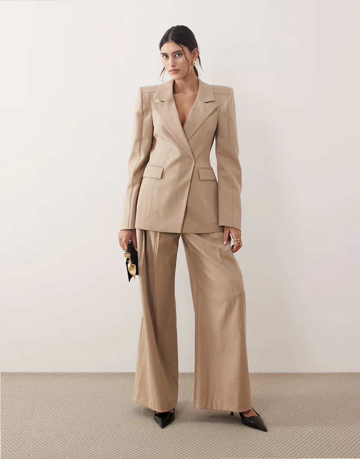 tailored wide leg pants with pleats in stone - part of a set