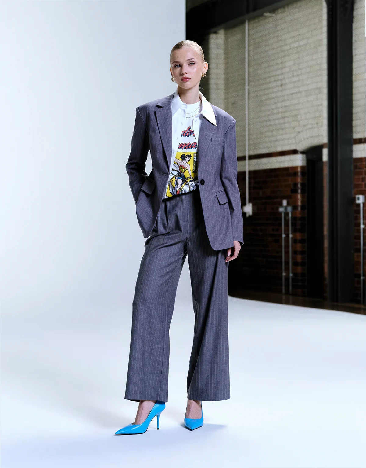 tailored pleated detailing wide leg suit pants in gray pinstripes - part of a set