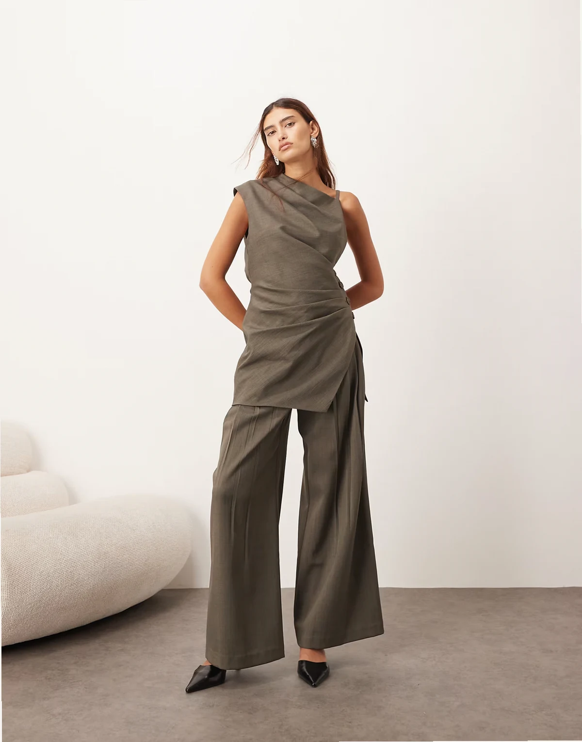 wool look pleated wide leg pants in dark khaki green - part of a set