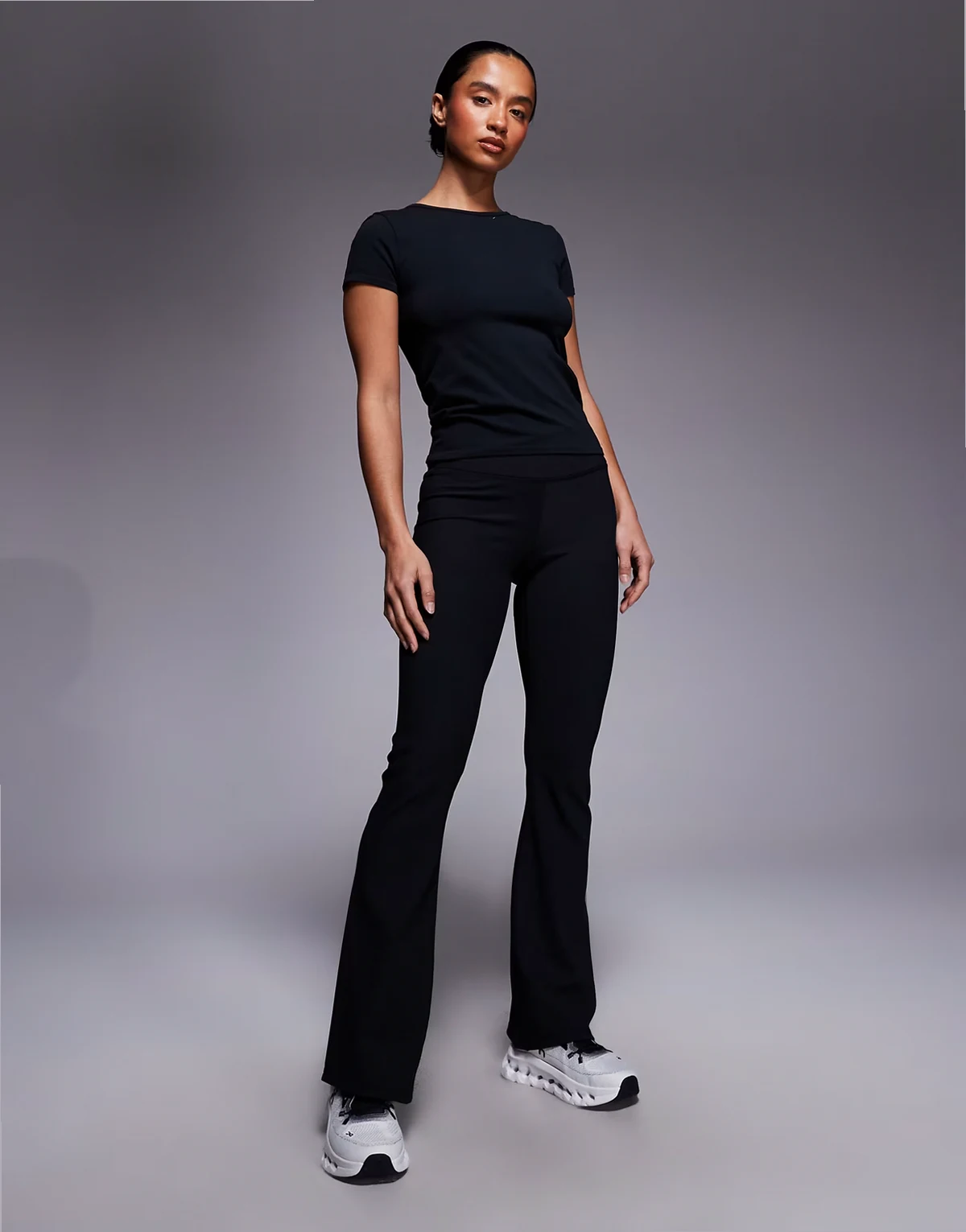 Petite micro rib wrap waist slim kick flare yoga leggings in black