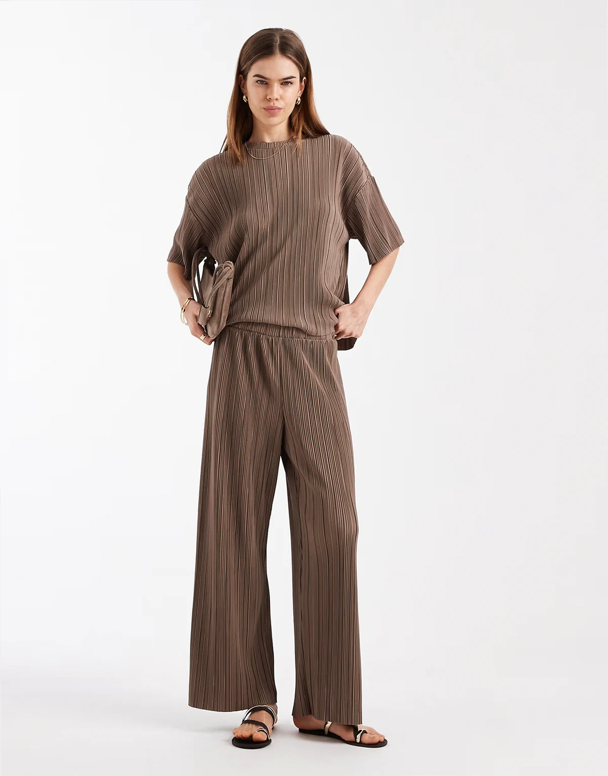 – Plissierte Hose in Hellbraun mit weitem Bein, Kombiteil