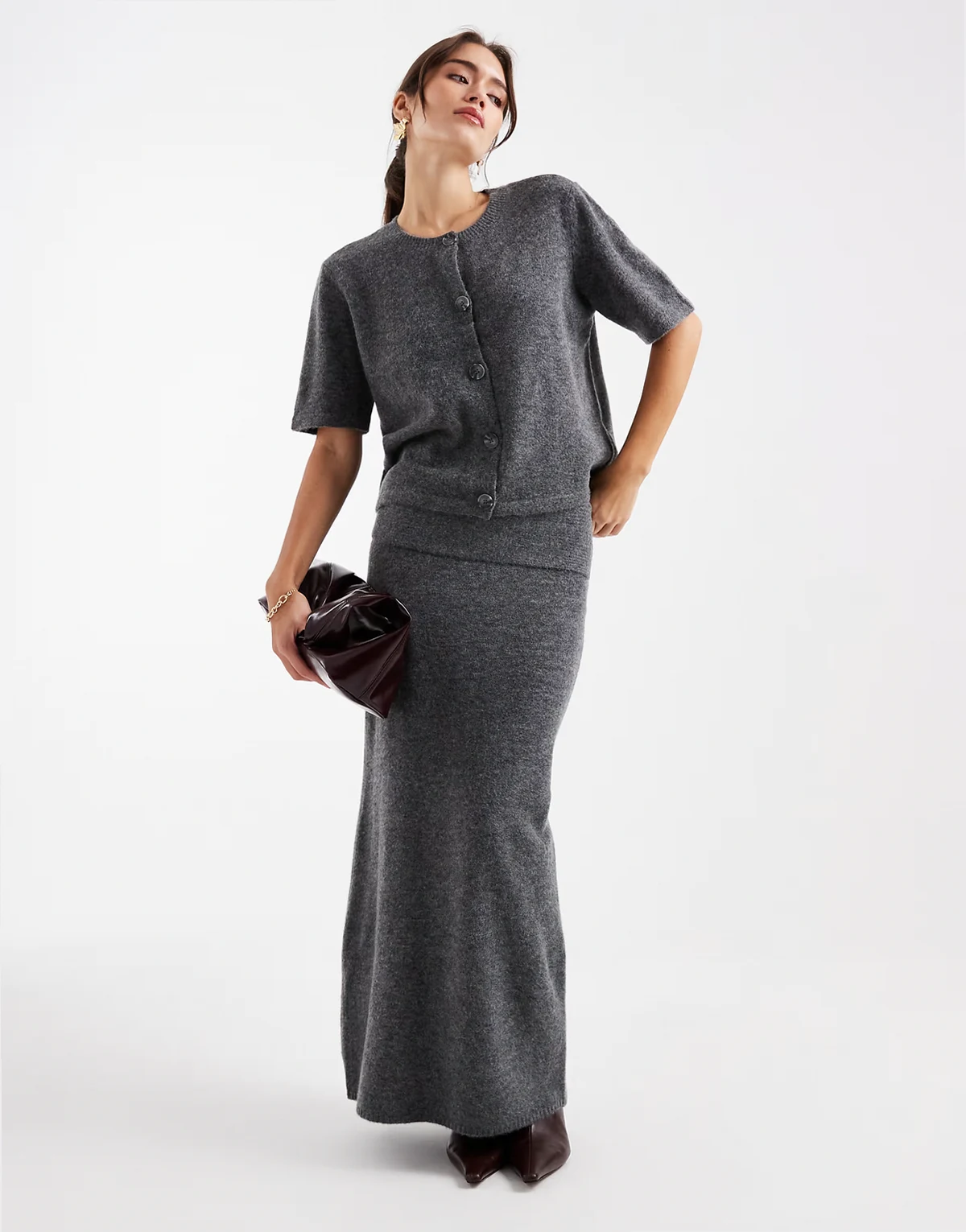 fold-over waist knit midi skirt in medium gray melange - part of a set
