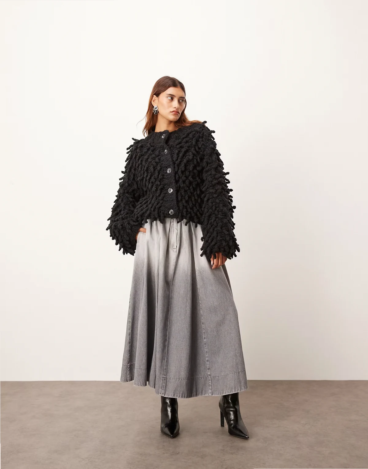 washed denim maxi skirt in gray