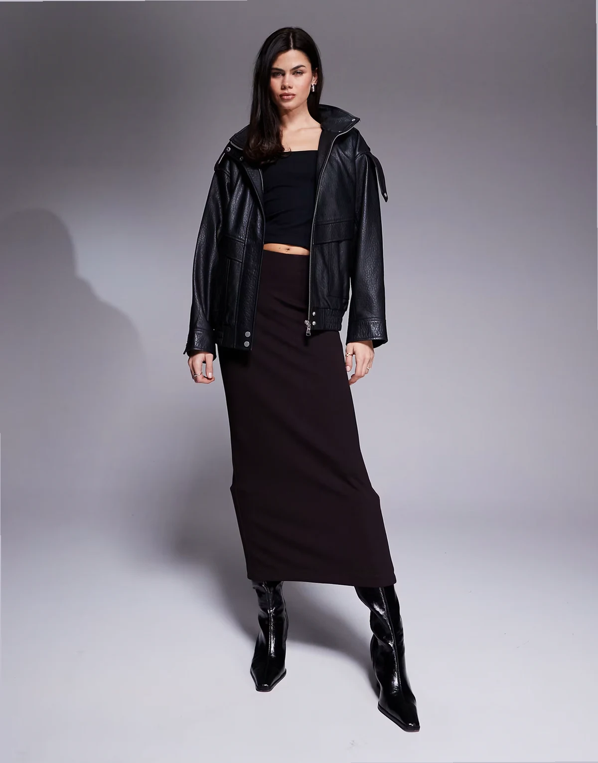 clean neoprene maxi skirt in brown