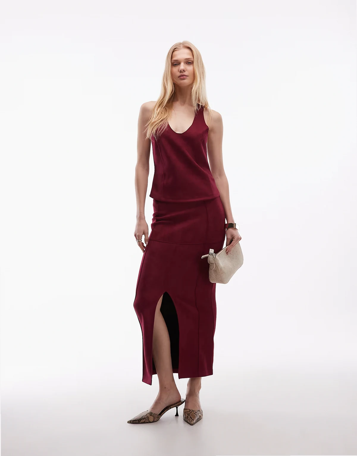suede maxi skirt with front slit in burgundy - part of a set