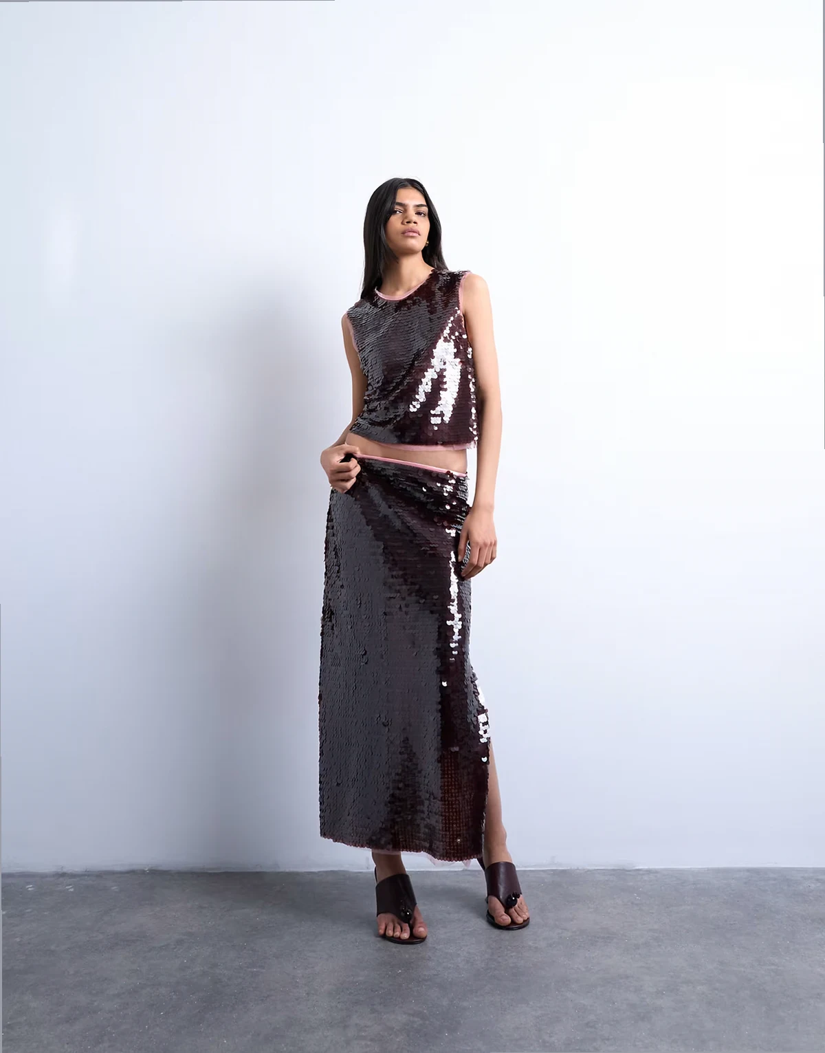 contrast sequin midaxi skirt in wine - part of a set