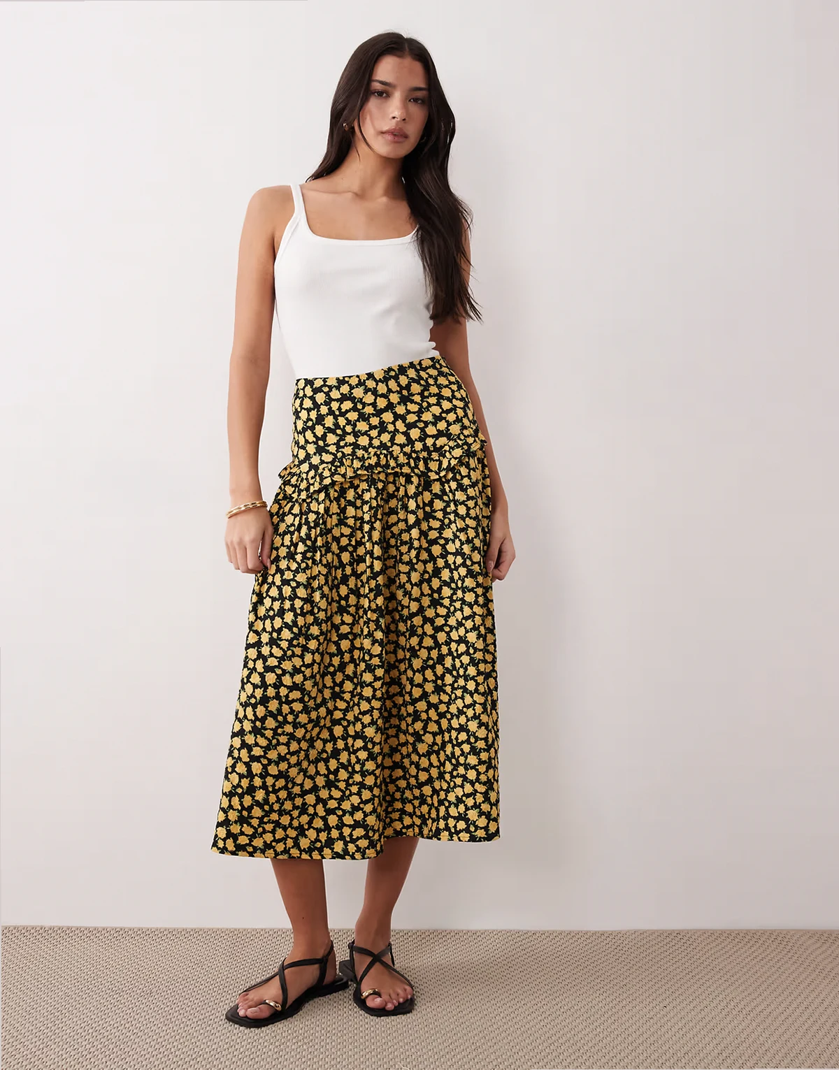 ruffle midi skirt in yellow floral