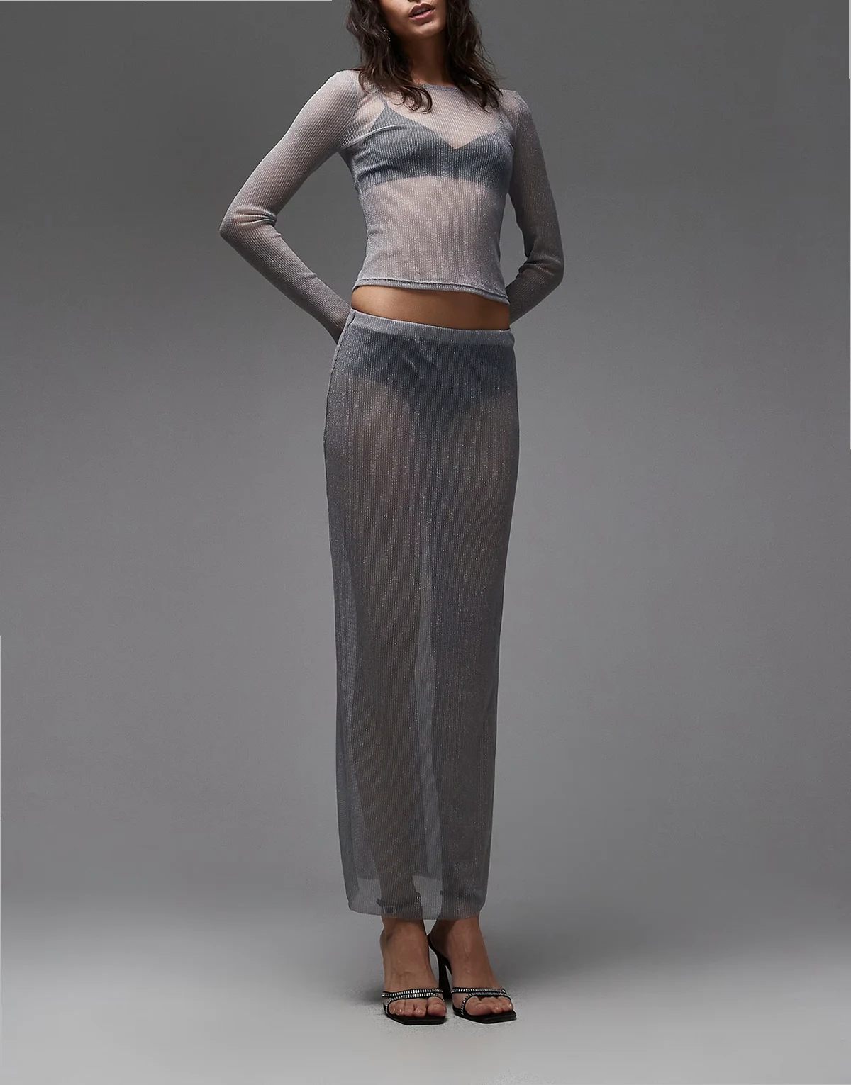 semi sheer metallic knit maxi skirt in silver - part of a set