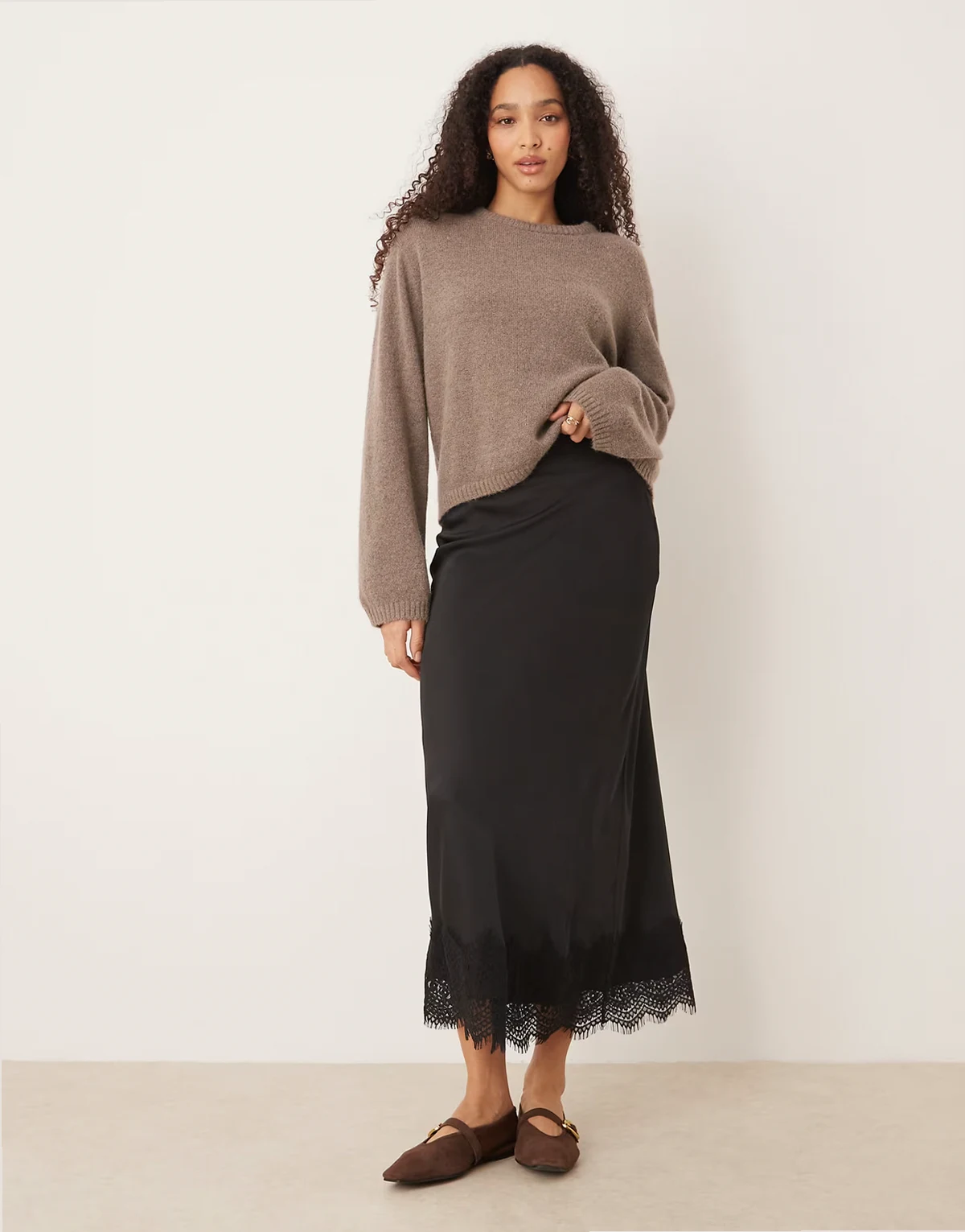 satin maxi skirt with lace trim in black