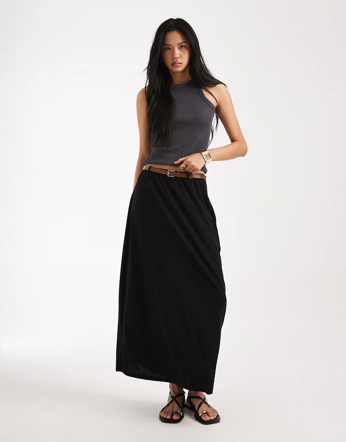 belted jersey midaxi skirt in black