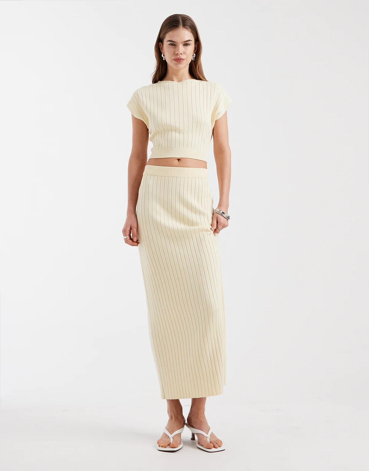 ribbed knit high waisted maxi skirt in butter yellow - part of a set