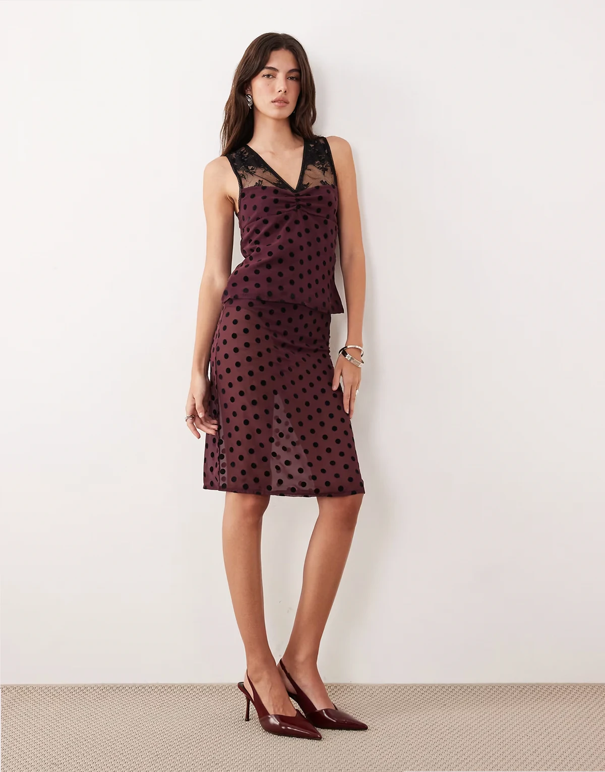 Evani polka dot midi skirt in maroon - part of a set