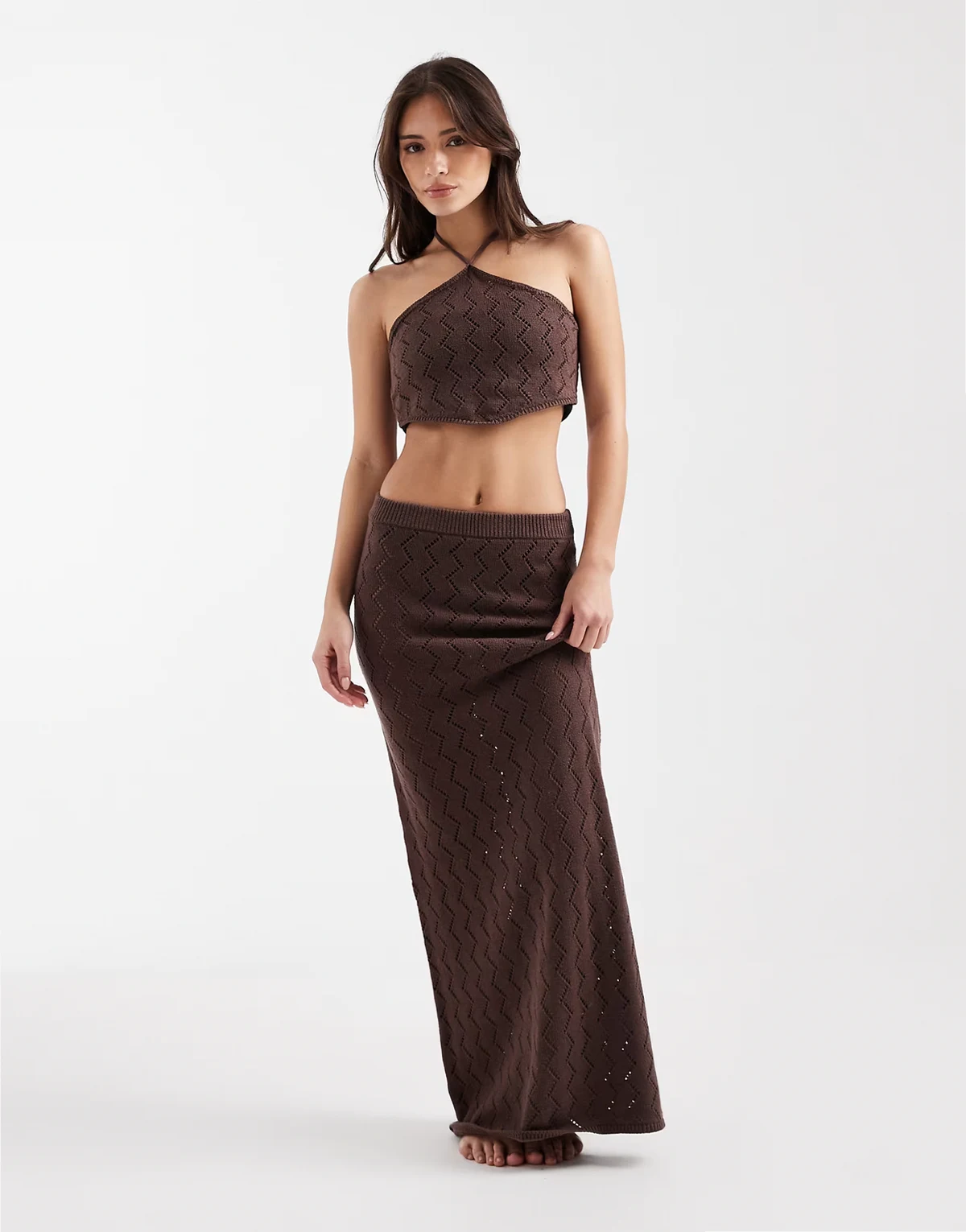 cotton rich zig zag knit maxi beach skirt in chocolate - part of a set