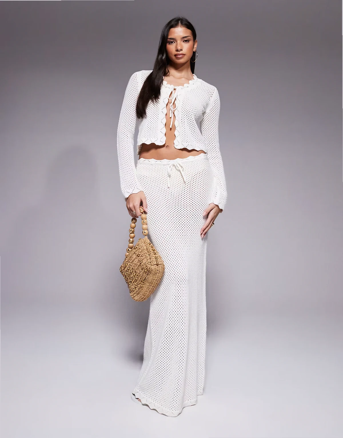 exclusive cotton rich open crochet scallop edge tie front maxi beach skirt in cream - part of a set