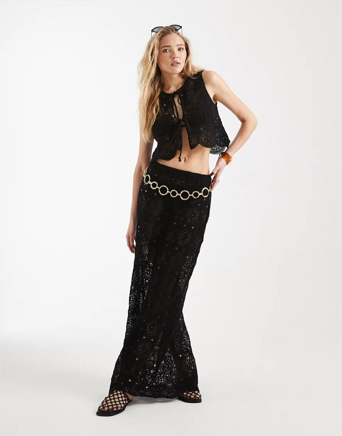 cotton rich crochet floral scallop edged maxi beach skirt in black - part of a set