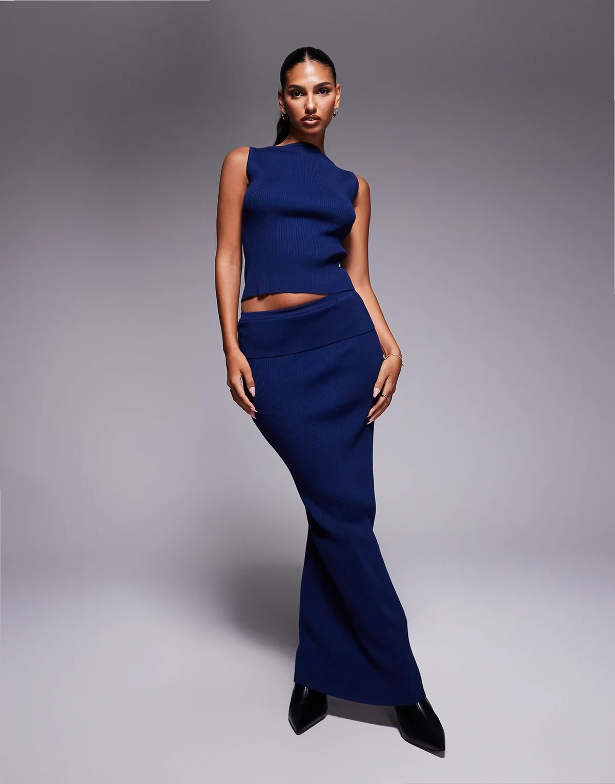 exclusive rib knit maxi skirt in navy - part of a set