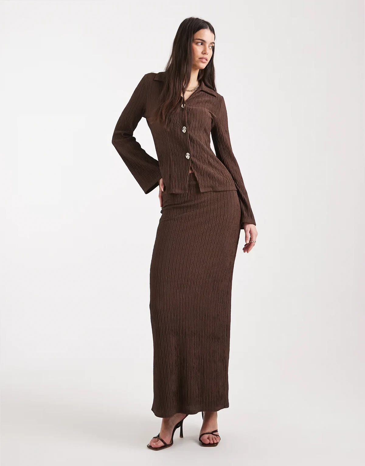 textured ribbed high waisted maxi skirt in chocolate - part of a set