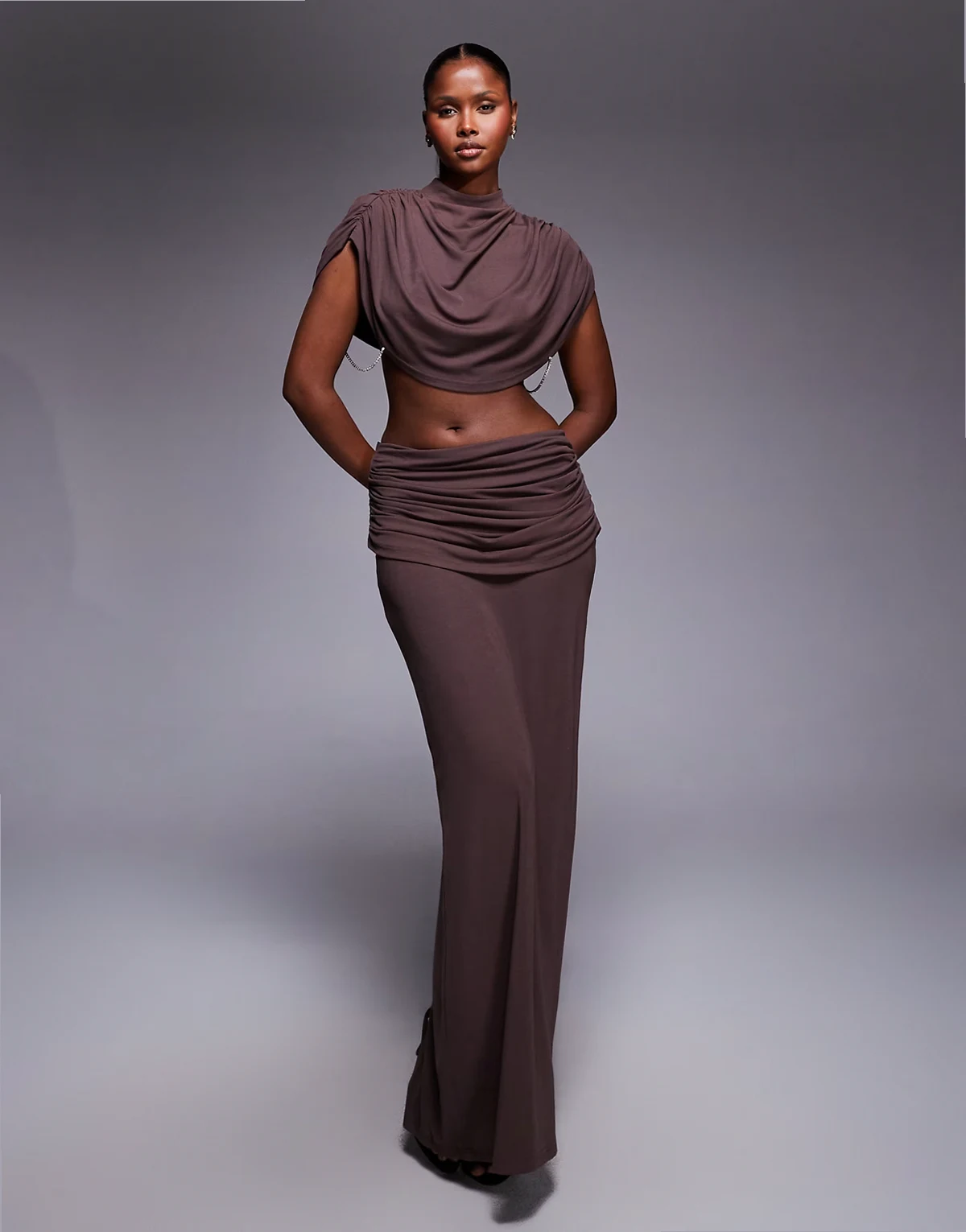 premium cotton blend ruched draped waist detail maxi skirt in chocolate - part of a set