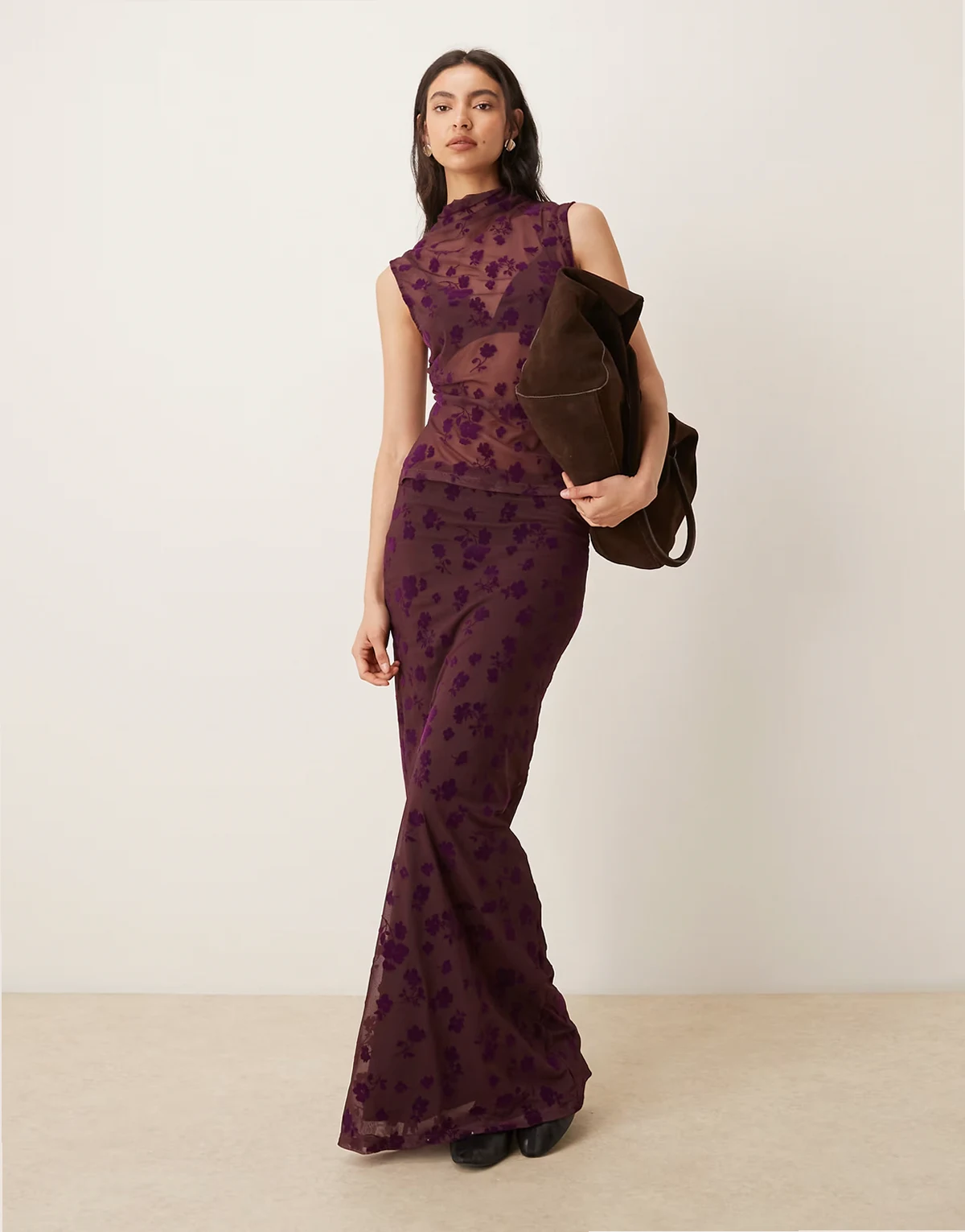 low rise flocked floral maxi skirt in fig