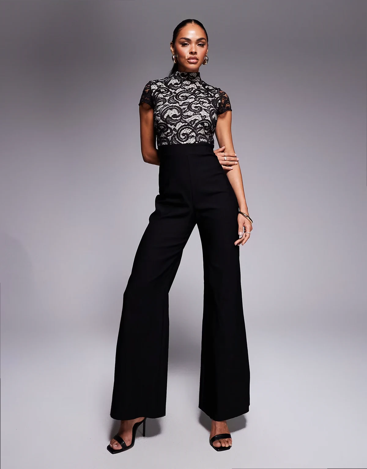 bengaline lace overlay high neck wide leg jumpsuit in black