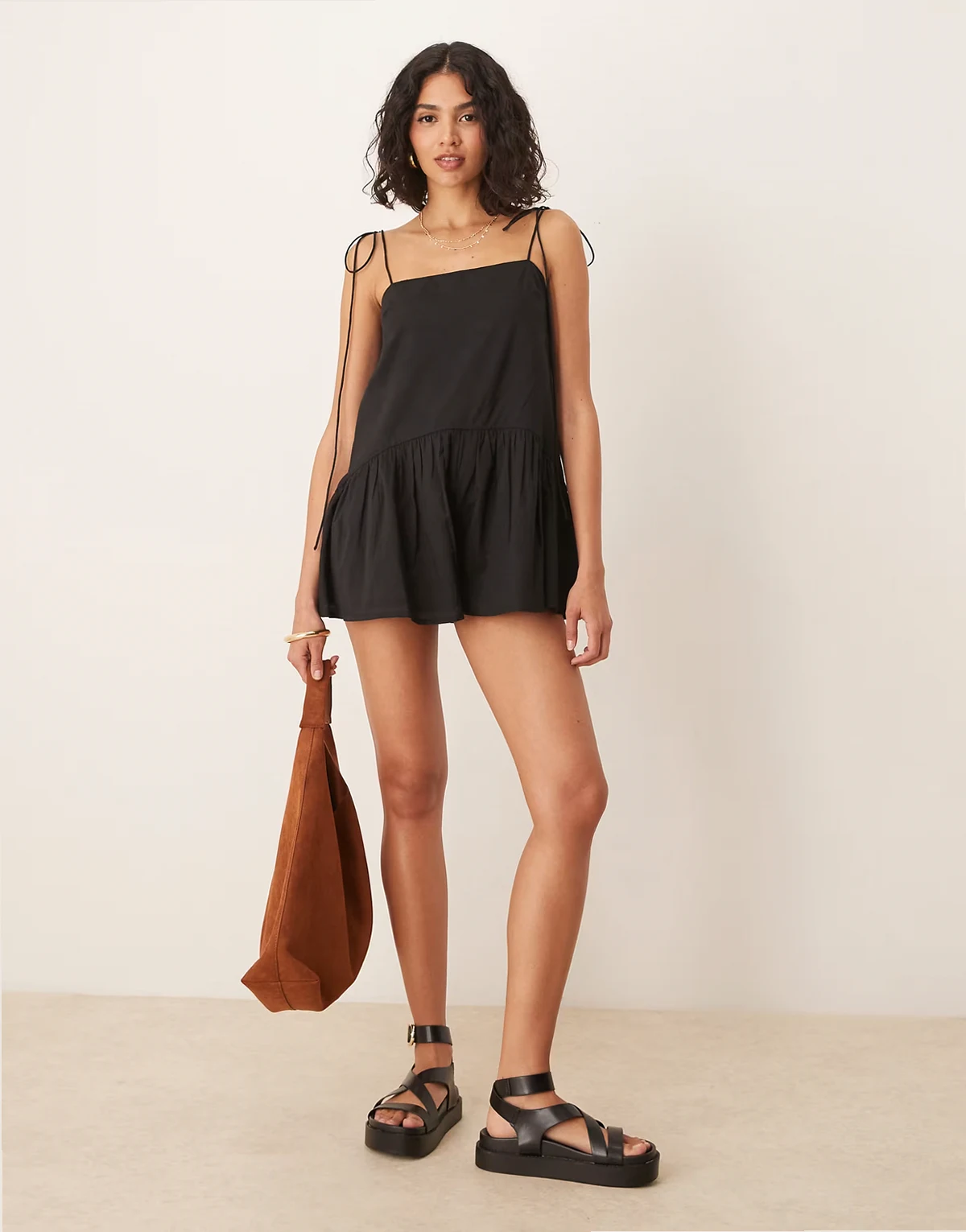 skinny straps dropped waist full skirt romper in black