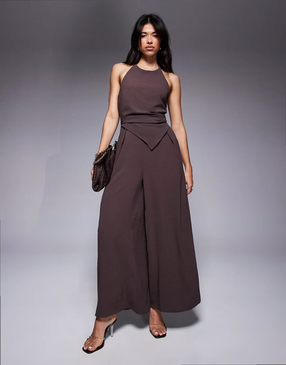 halter asymmetric overlay detail jumpsuit in chocolate brown