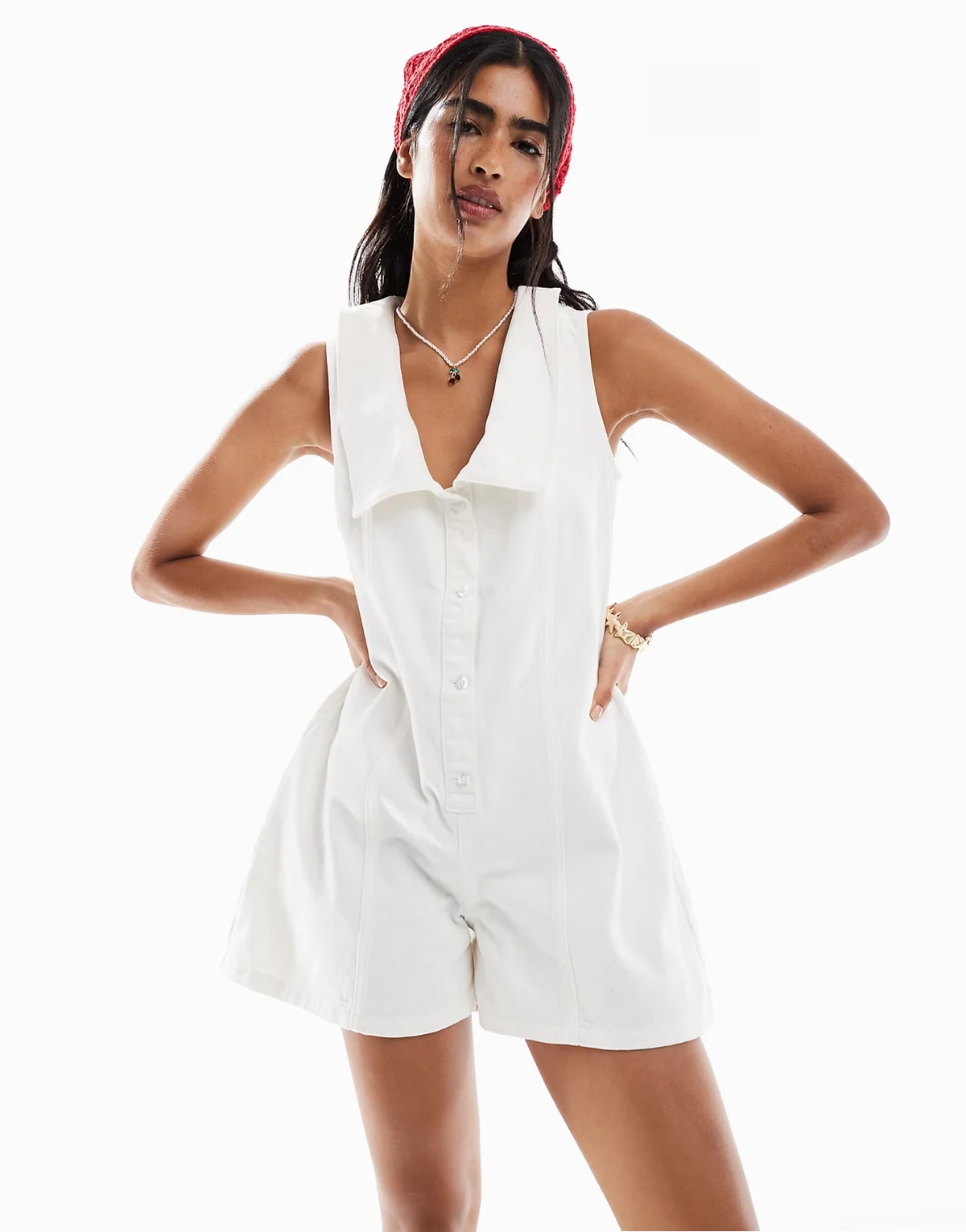 – Jeans-Playsuit mit Matrosen-Design in Ecru-farbener Waschung