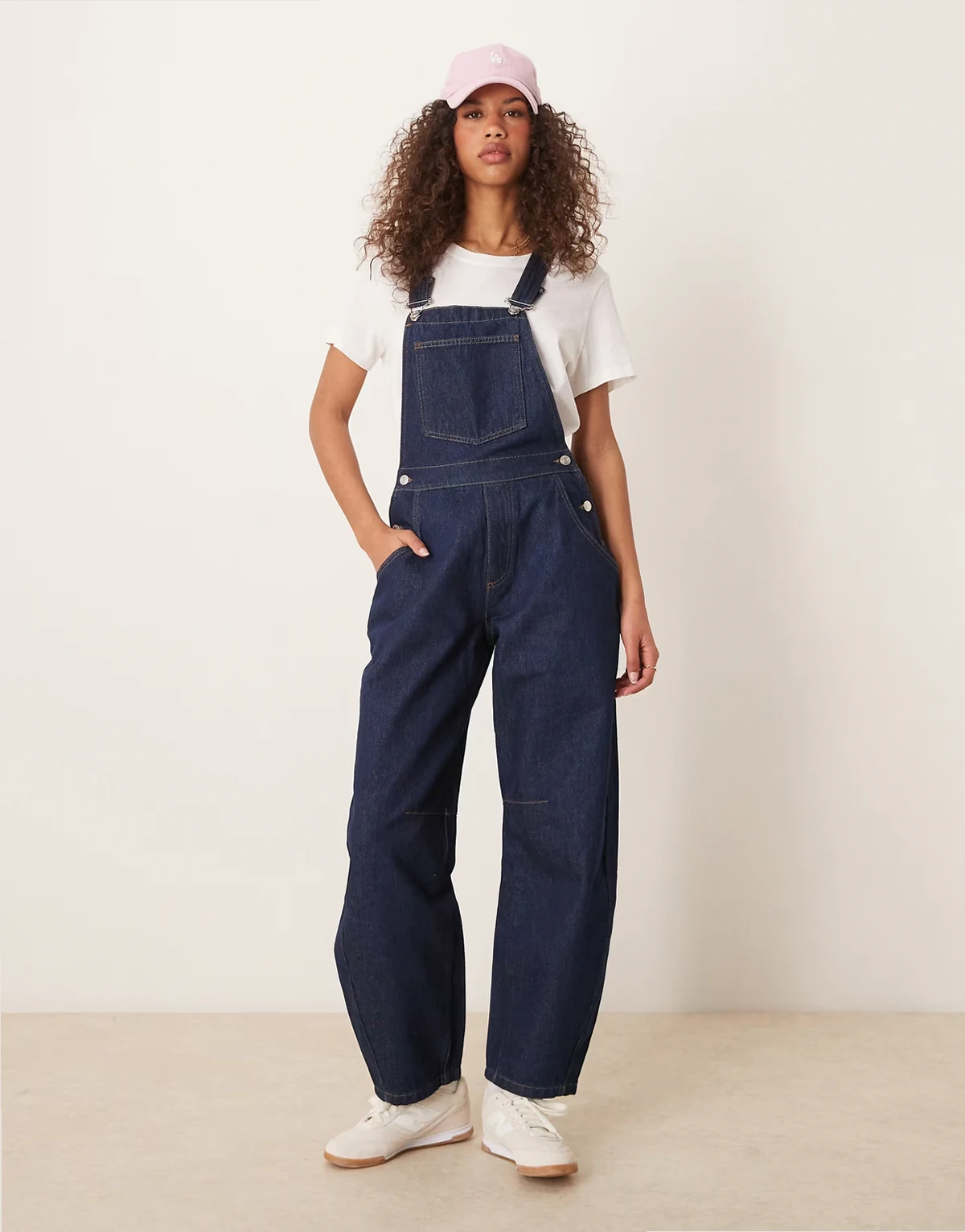 barrel leg denim overalls in indigo