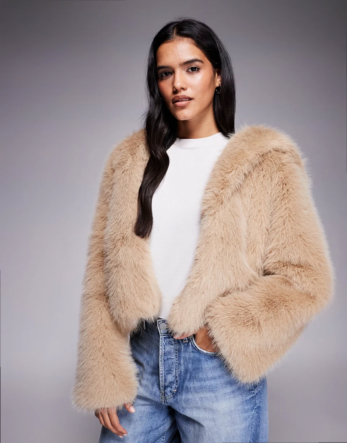 Faye faux fur hooded cropped jacket in beige