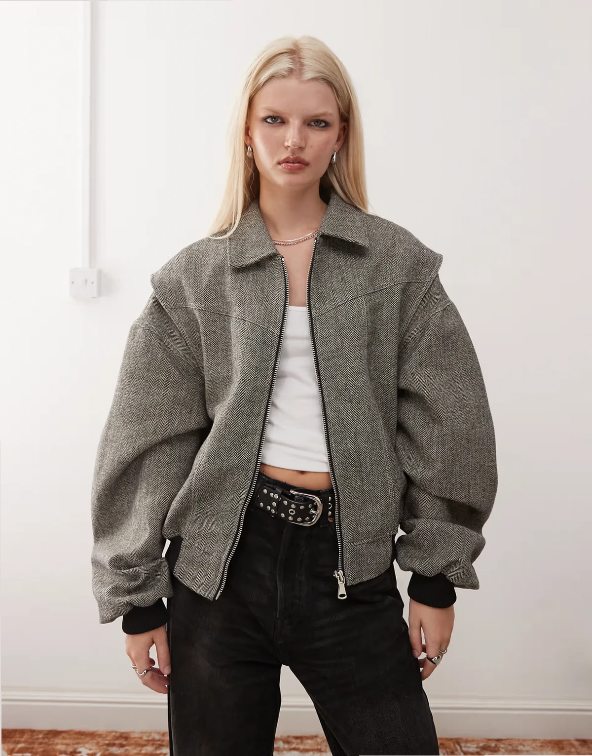 Exclusive Vista contrast stitch bomber jacket in ash tweed