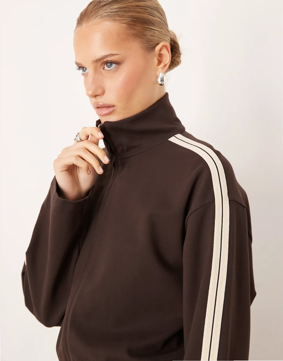 Tri zip up track jacket with side stripe in chocolate - part of a set