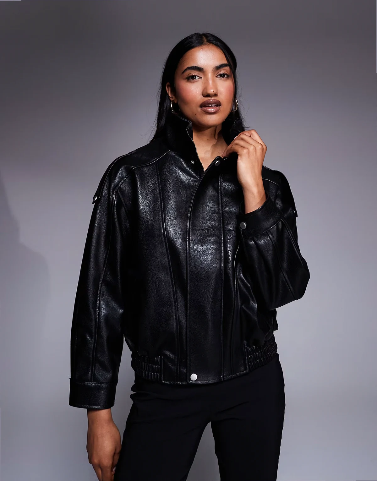 batwing sleeve funnel neck faux leather jacket in black
