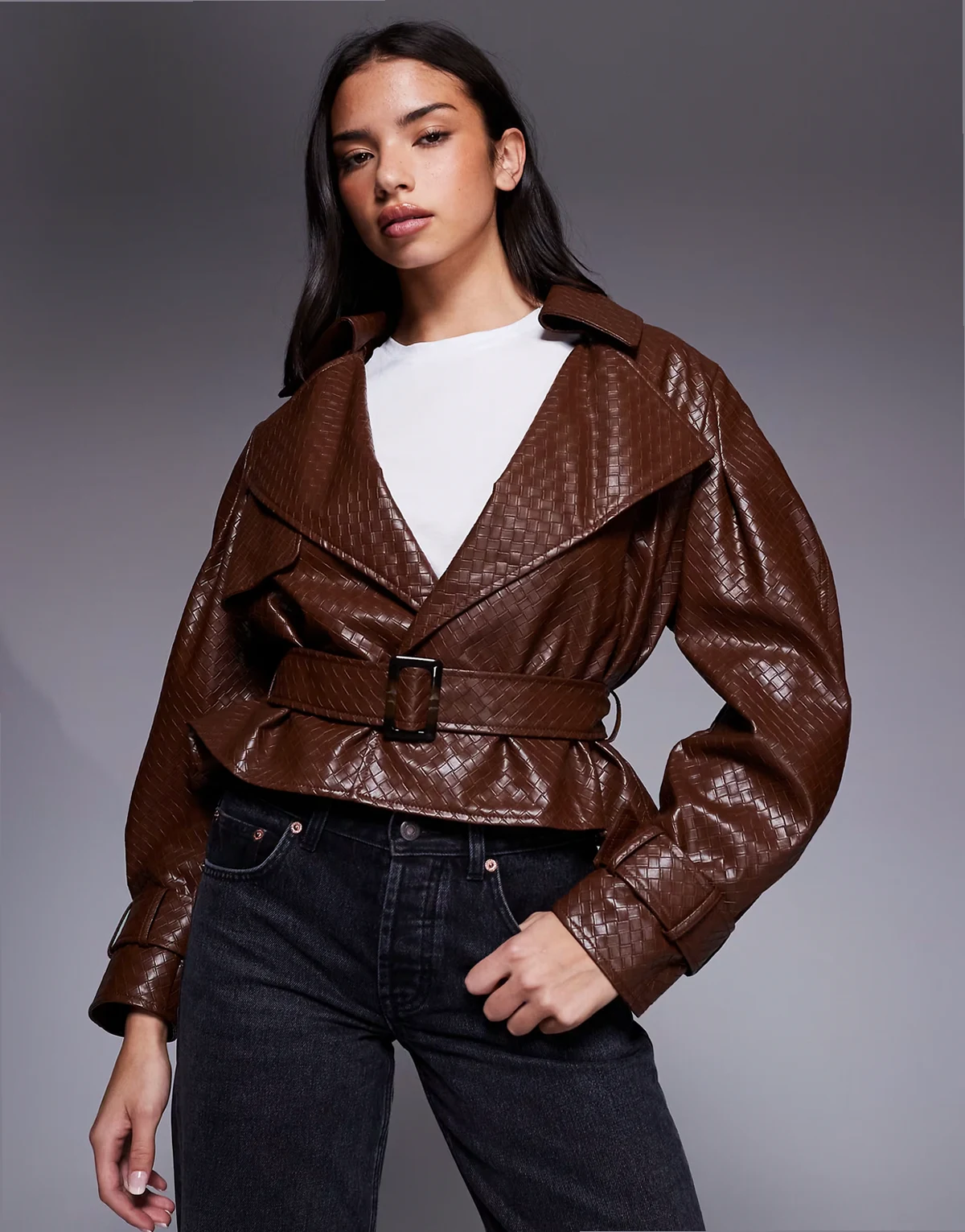 faux leather woven belted cropped trench coat in light brown