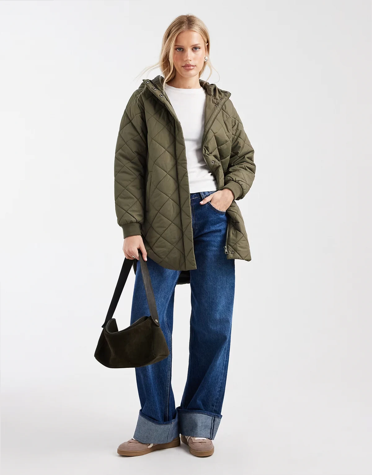 – Longline-Steppmantel in Khaki mit Kapuze