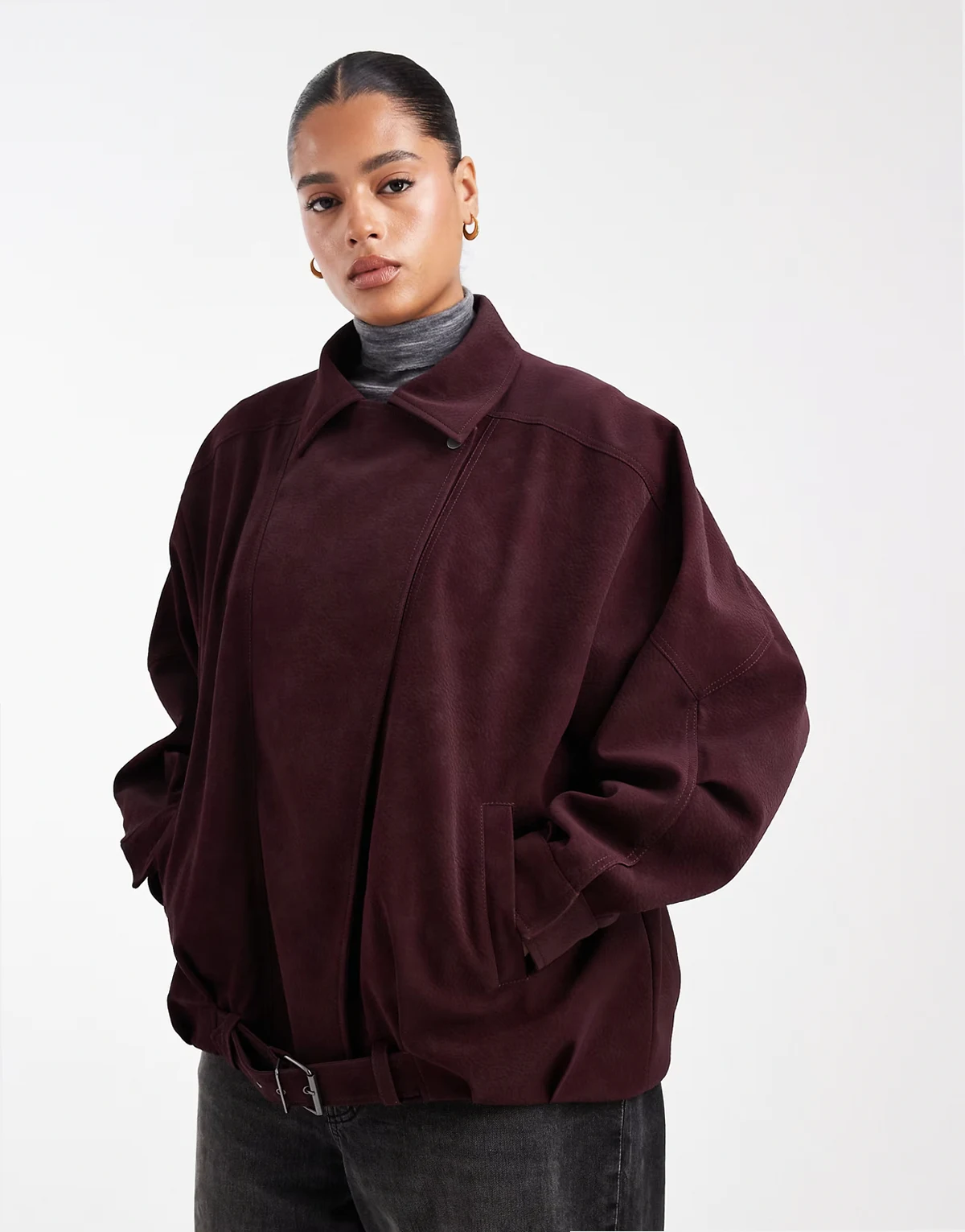 ASOS DESIGN Curve – Bordowa, luźna kurtka oversize typu biker, z imitacji skóry