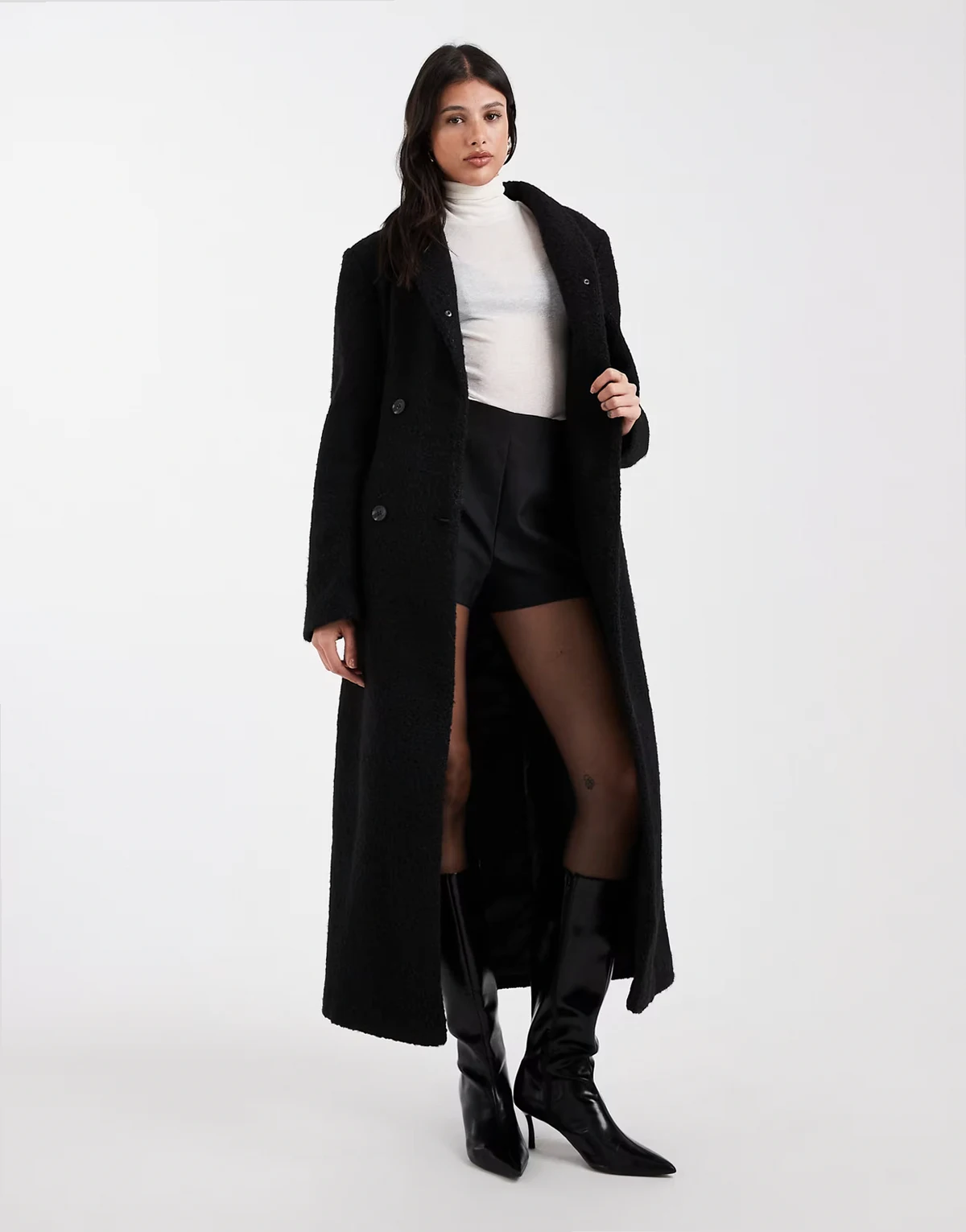 ASOS DESIGN Tall sculpted bouclé high neck formal coat in black