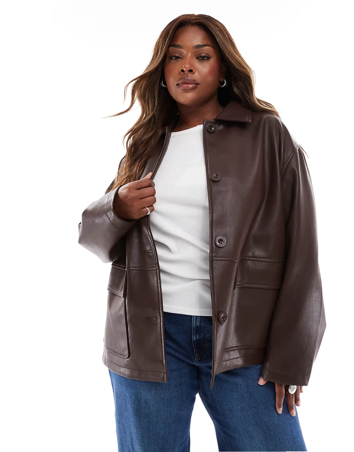 ASOS DESIGN Curve – Czekoladowa kurtka harrington z imitacji skóry