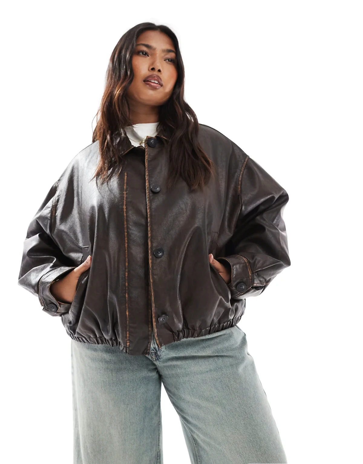 ASOS DESIGN Curve – Brązowa kurtka bomberka z imitacji skóry vintage