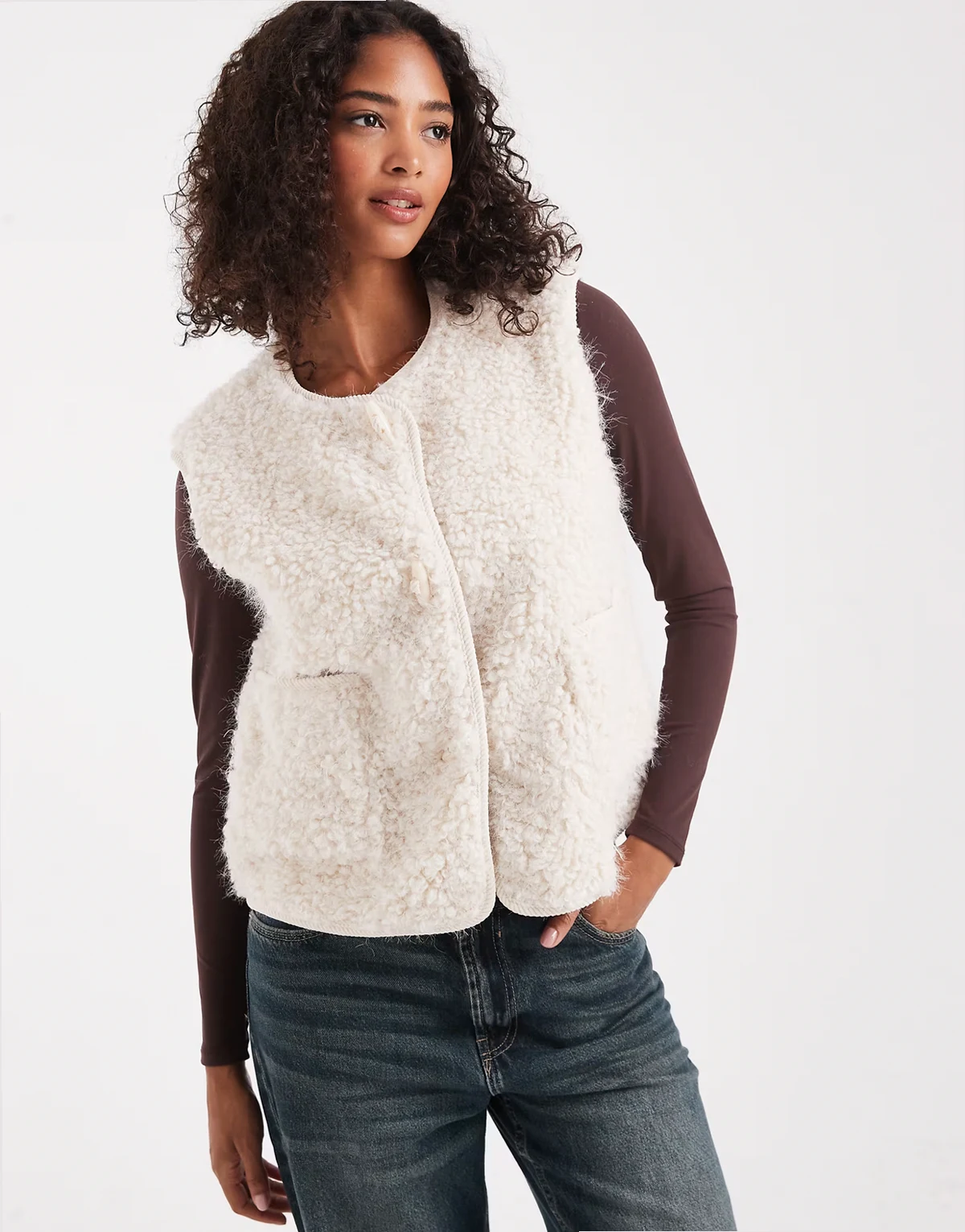 premium fluffy teddy duffle style vest in cream