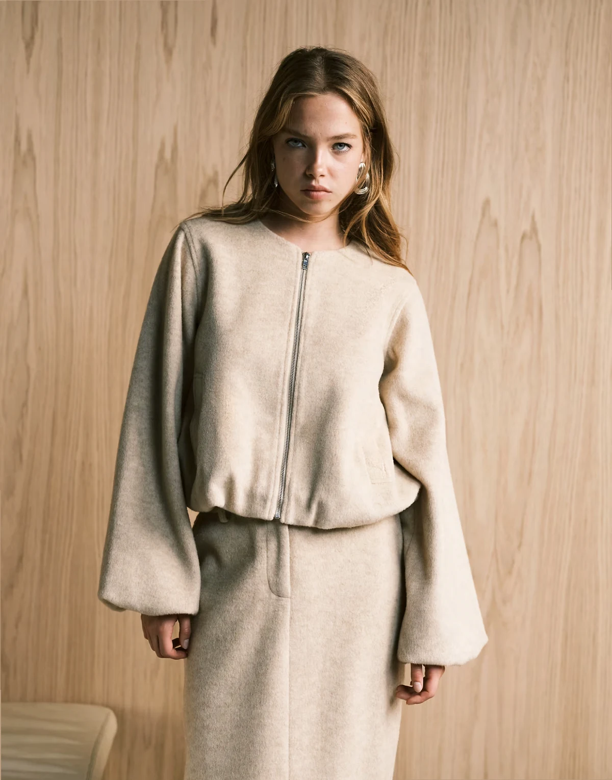 wool feel balloon sleeve collarless bomber jacket in beige - part of a set