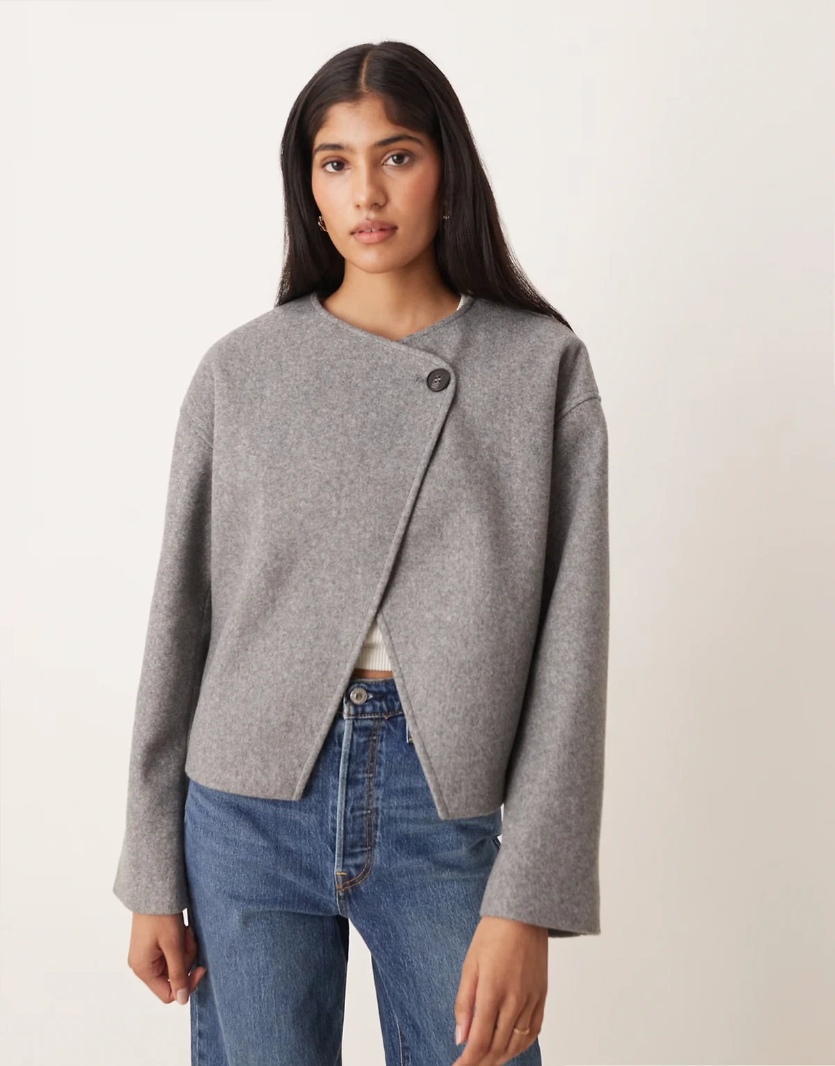 wrap front short wool jacket in mid heather gray