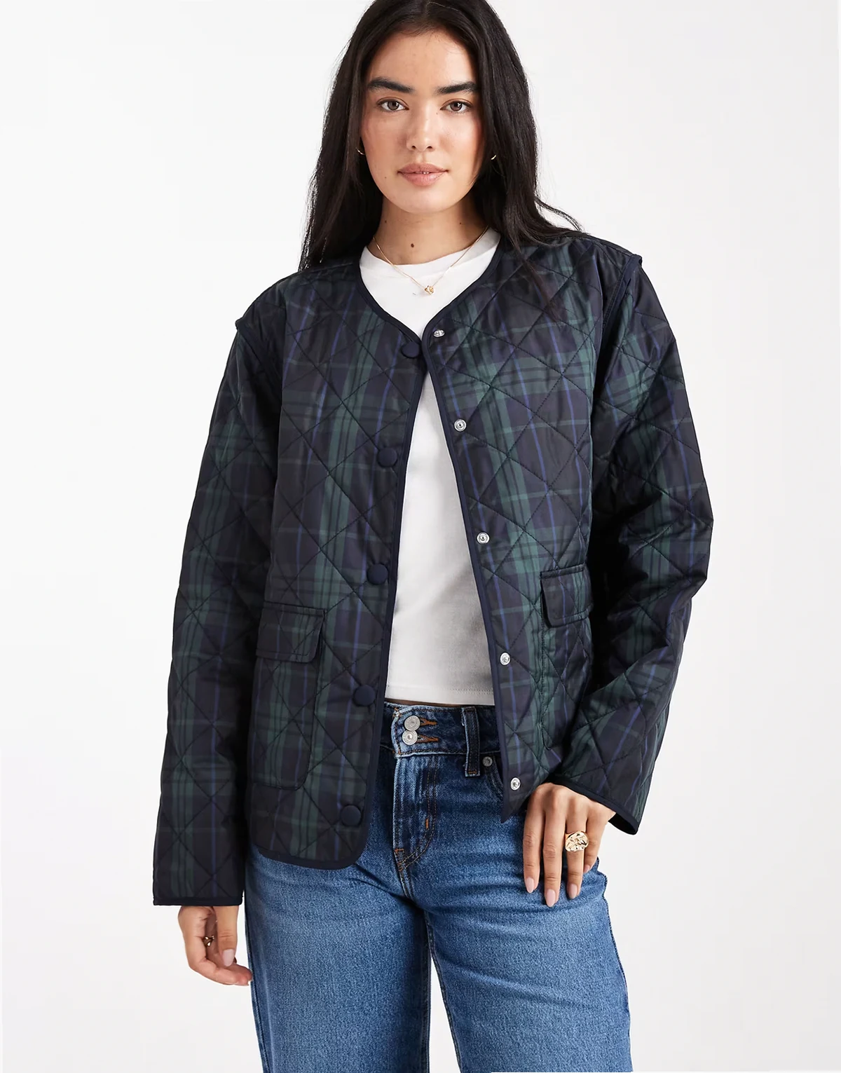 quilted plaid jacket in dark green and navy
