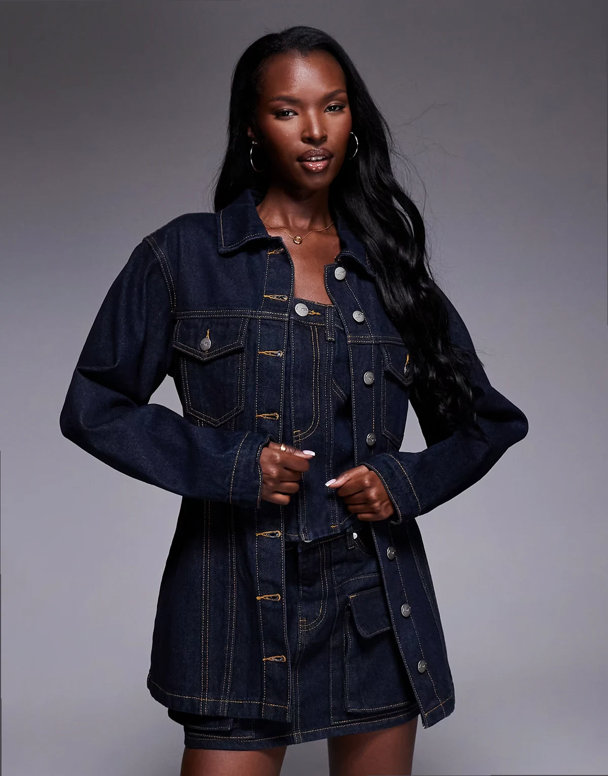 denim jacket with cinch waist in dark wash